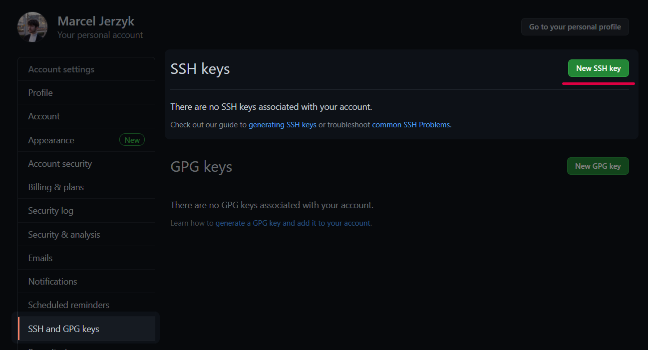 Github Screenshot - New SSH Key Button