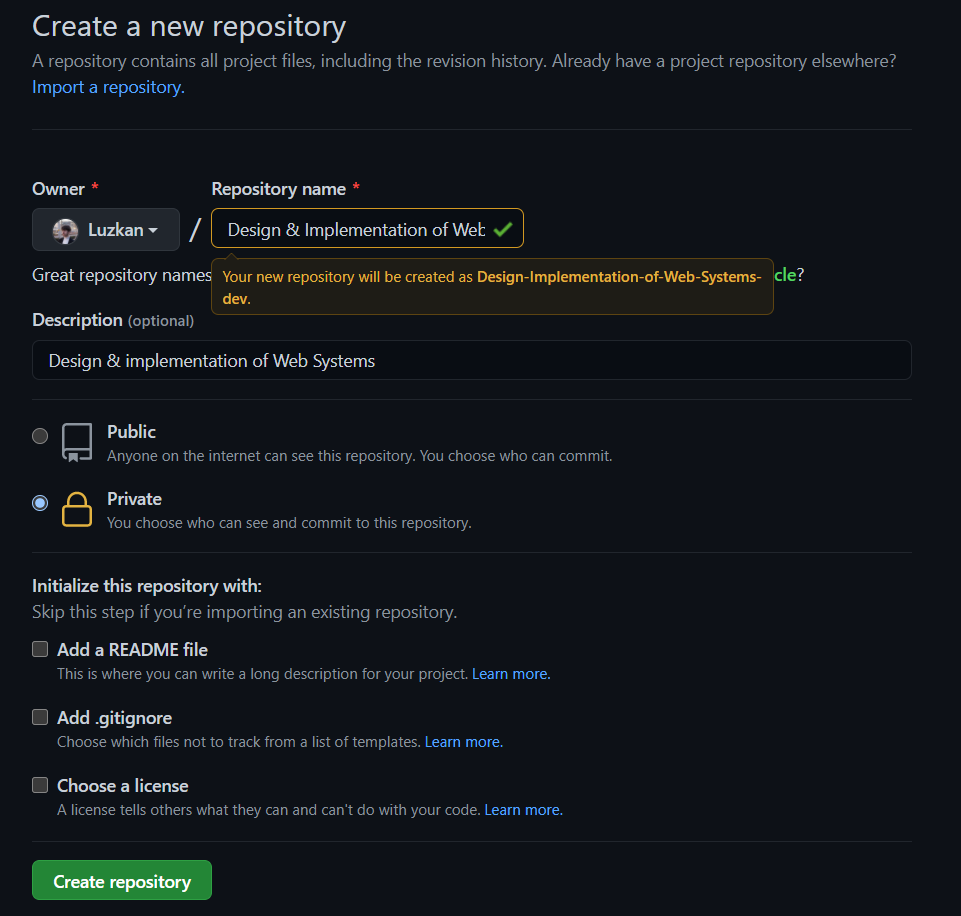 Github Screenshot - Creating New Repository