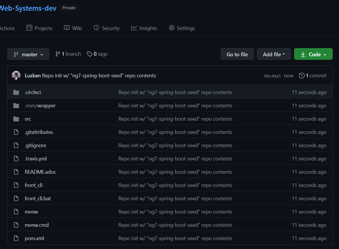 Github Screenshot - Initialized Repository with 'ng7-spring-boot-seed' repository contents