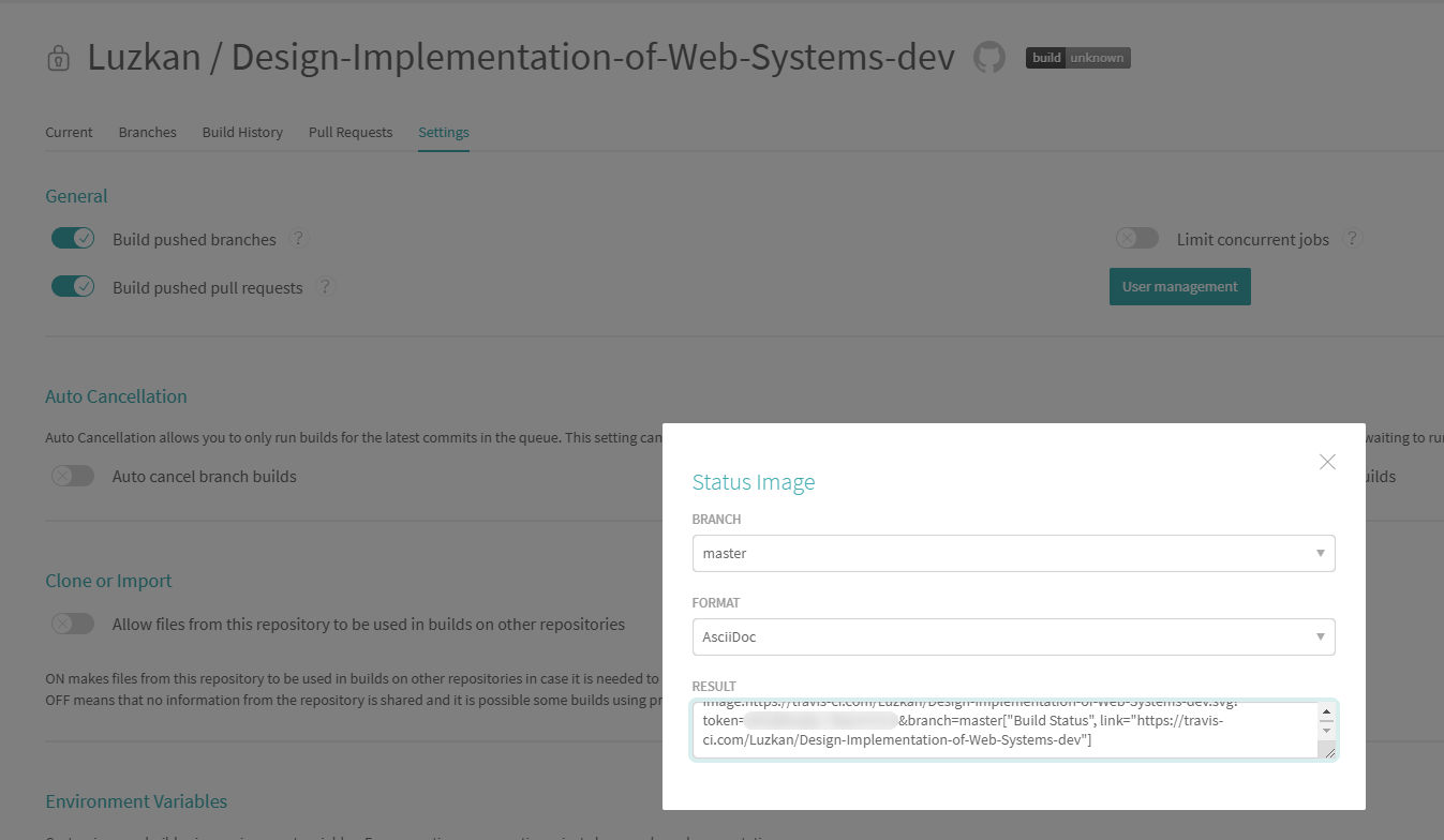 Travis Screenshot - Getting Code for Build Status Label in AsciiDoc